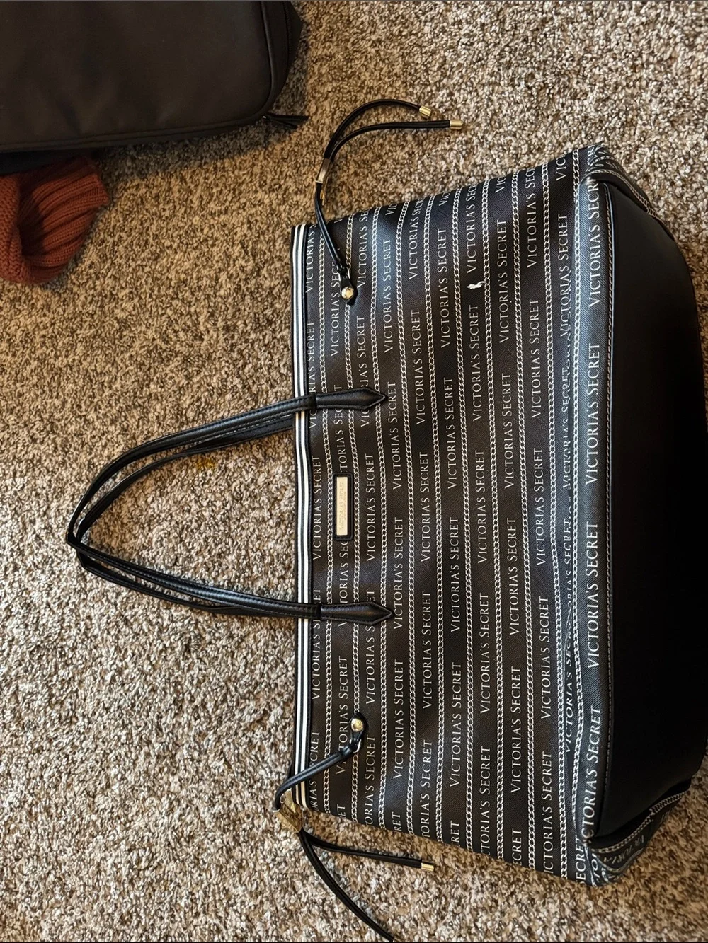 Victoria's Secret Black Logo-Striped Duffel Bag